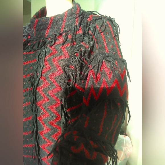 VINTAGE SWEATER RED & BLACK FRINGE BY SUNBOW 2 SZ. MED VERY UNIQUE - Picture 7 of 7